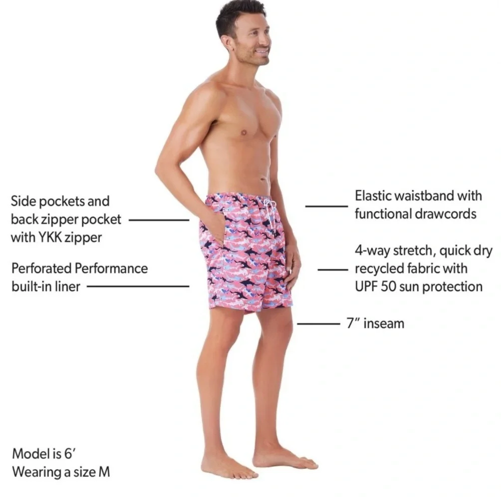 Member’s Mark Men's Resort Liner Swim Trunk Blue & White Sharks/Pink Background